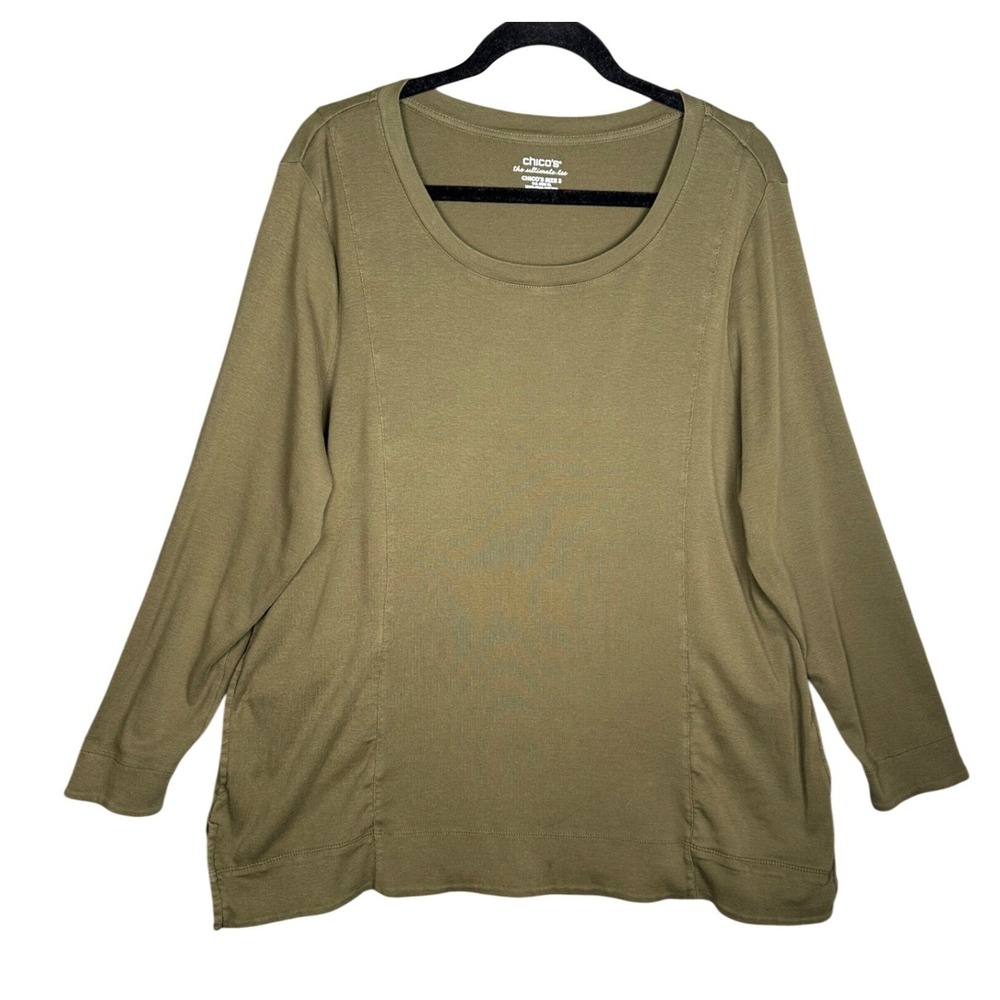 Chico's The Ultimate Tee Women XL Size 3 Green Pima‎ Cotton Pockets Long Sleeve - Picture 2 of 11